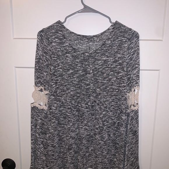 Dee Elle Grey Babydoll Blouse w/ Lace Bell Sleeves - Picture 2 of 2